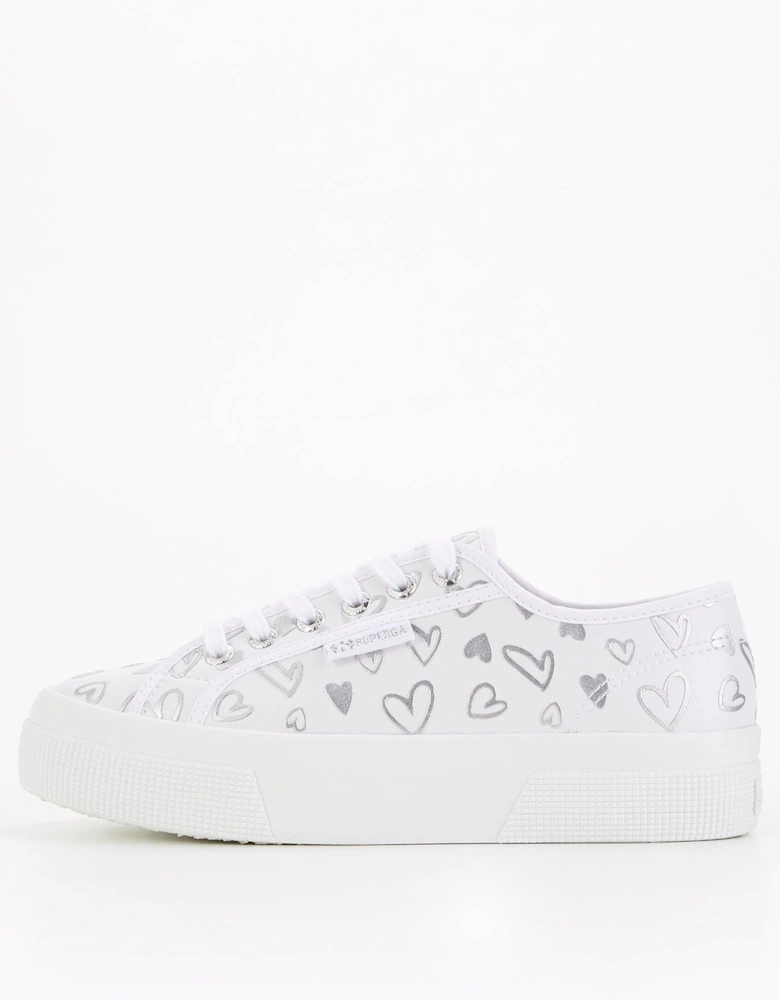 2740 Faux Leather Hearts Print Plimsoll - White Silver Hearts