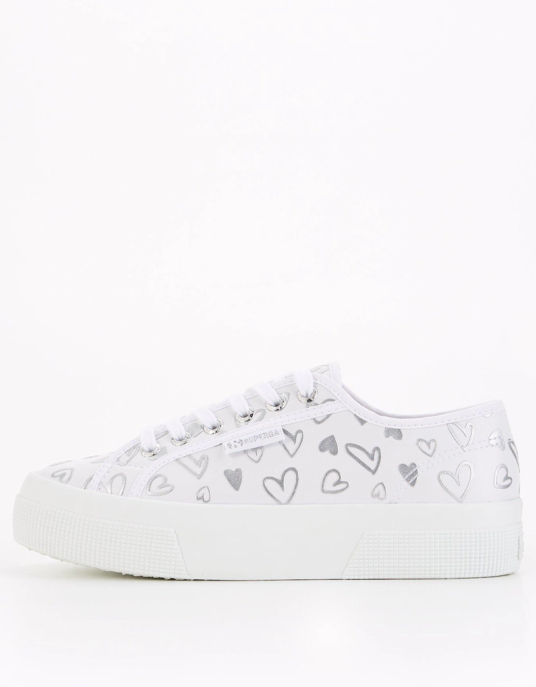 2740 Faux Leather Hearts Print Plimsoll - White Silver Hearts, 8 of 7