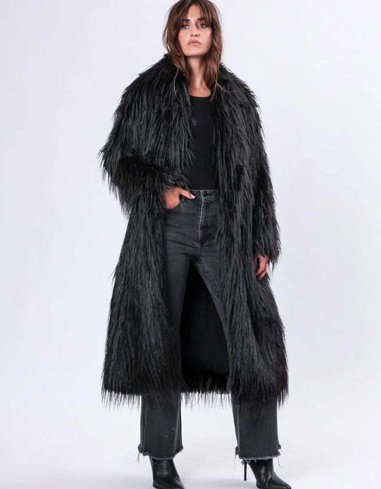 Long Hair Faux Fur Coat - Black