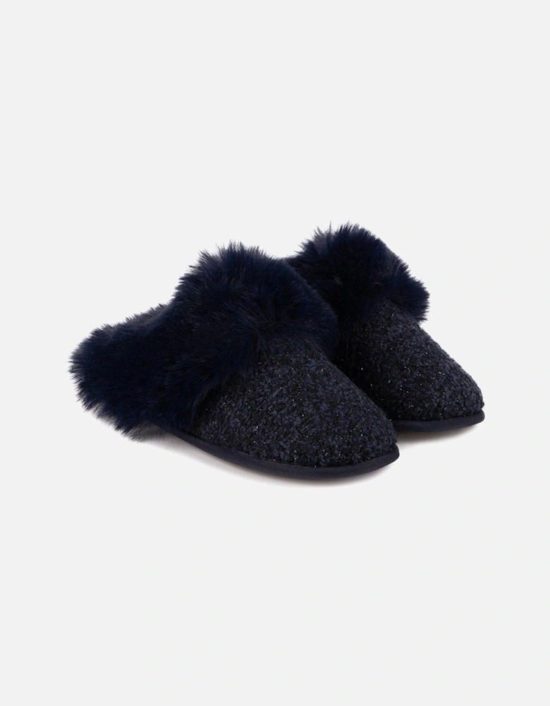 Sparkle Faux Fur Mule Slippers - Navy