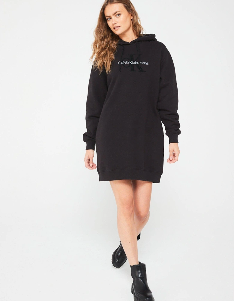 Chenille Monologo Mini Hoodie Dress - Black