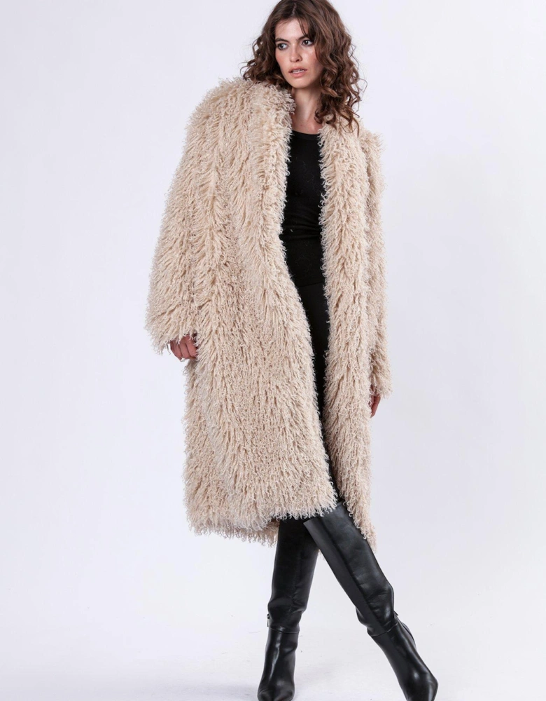 Long Hair Faux Fur Coat - Cream