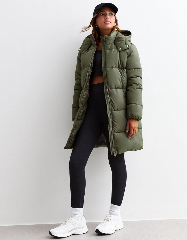 Girls Khaki Padded Hooded Midi Coat