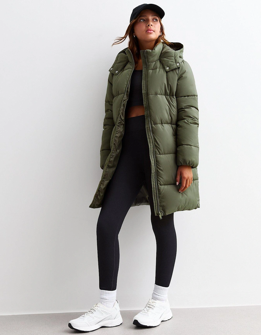 Girls Khaki Padded Hooded Midi Coat, 5 of 4