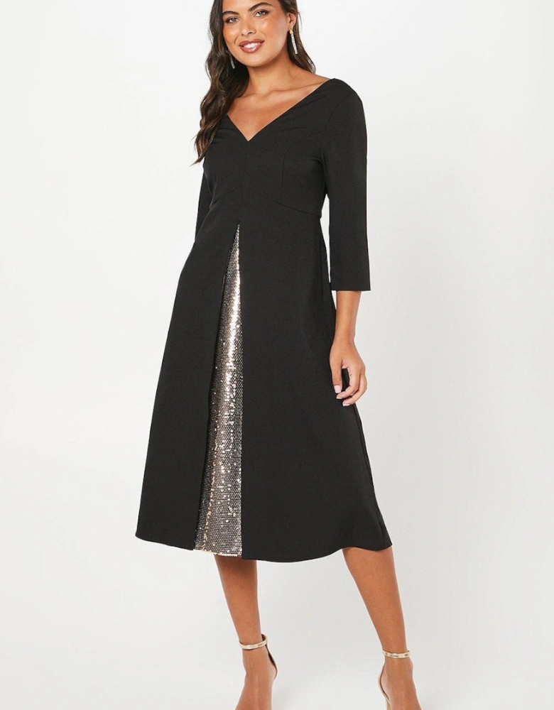 Party Sequin Insert Midi Dress With 3/4 Sleeves