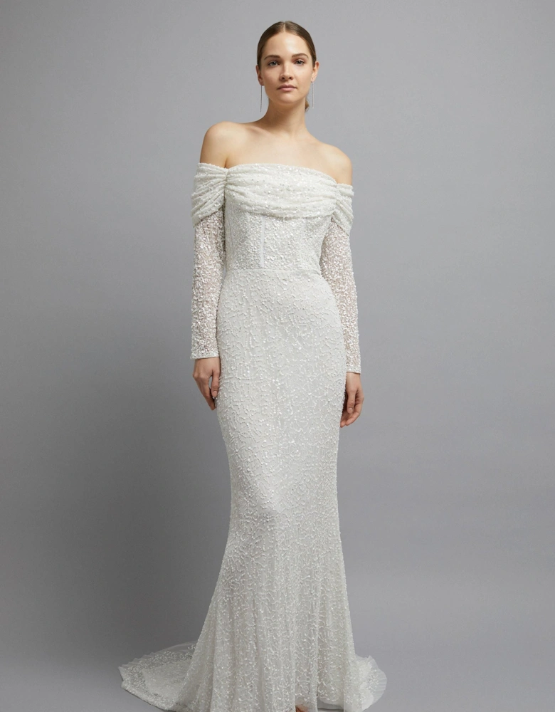 Sequin Draped Bardot Long Sleeve Bridal Maxi Dress