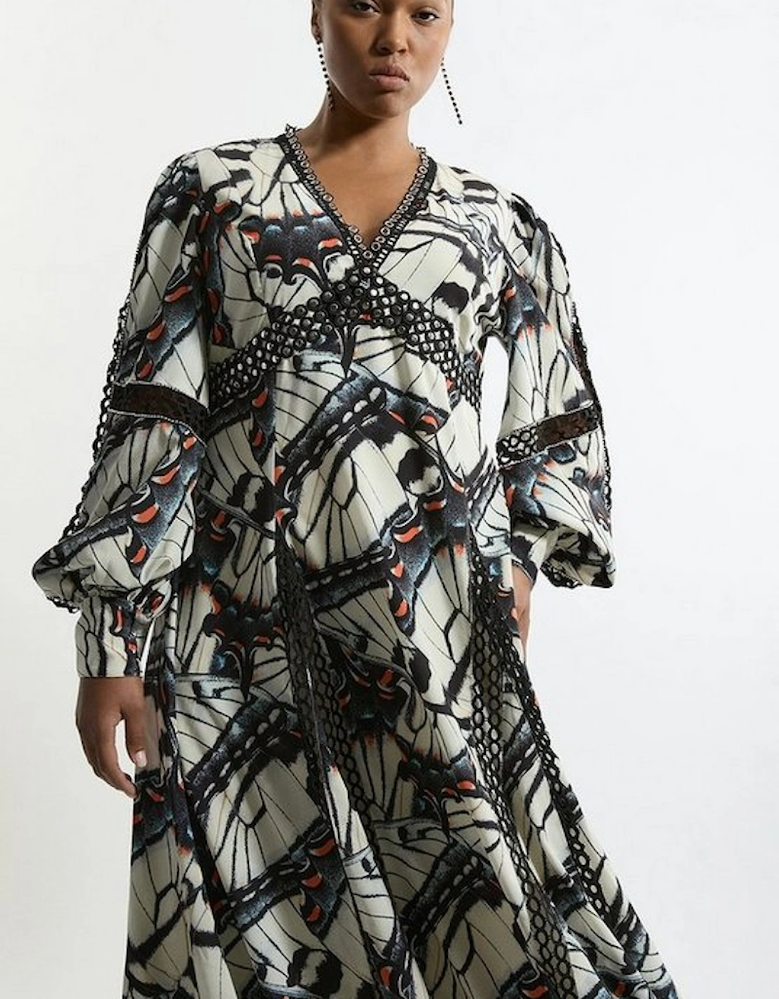 Plus Size Butterfly Print Lace Insert Trim Woven Maxi Dress, 5 of 4