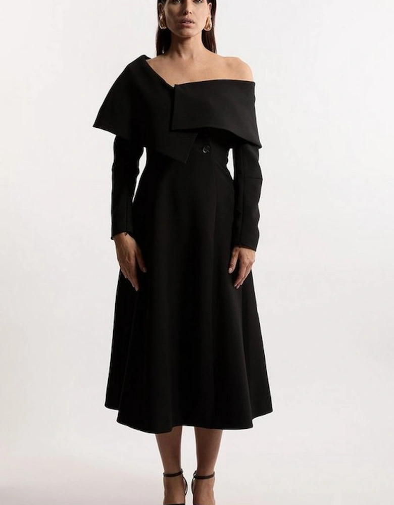 Compact Stretch Asymmetric Collar Long Sleeve Midi Dress