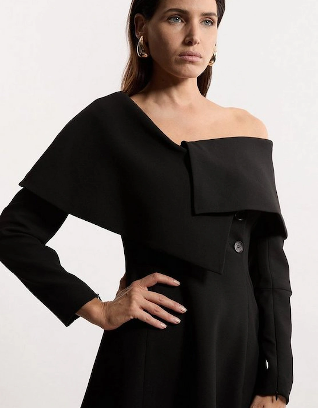 Compact Stretch Asymmetric Collar Long Sleeve Midi Dress