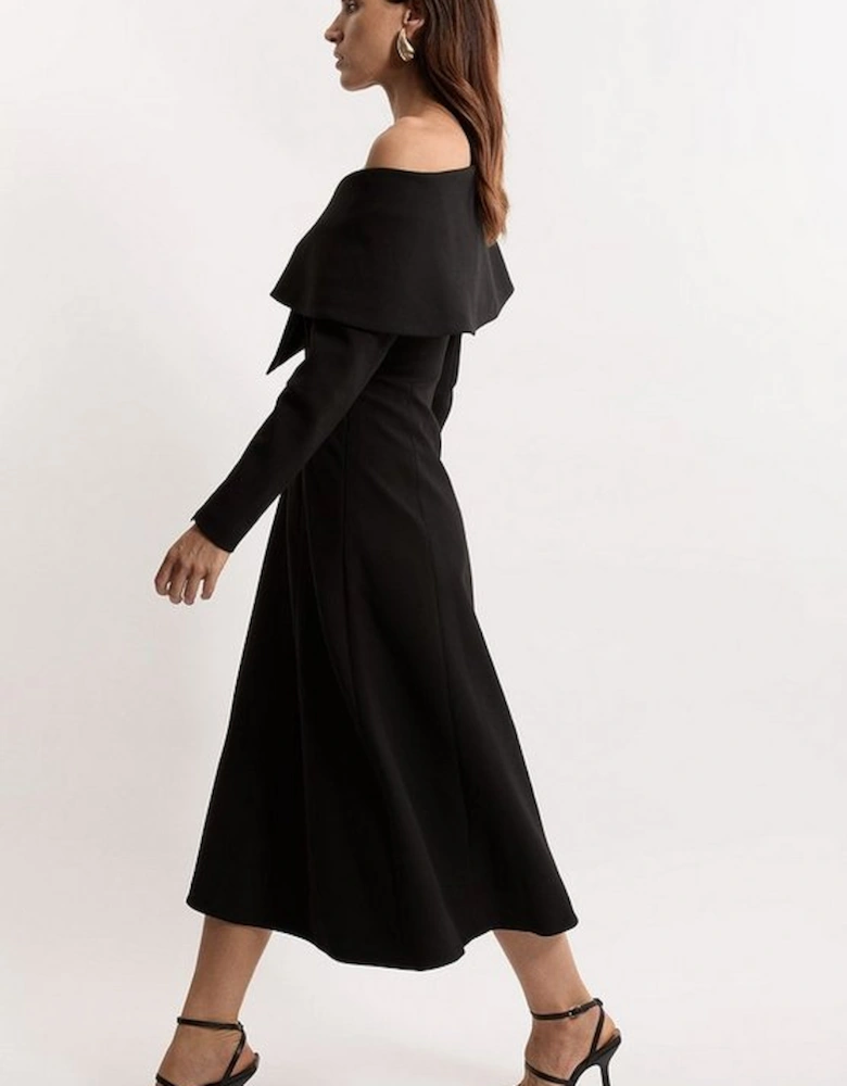 Compact Stretch Asymmetric Collar Long Sleeve Midi Dress