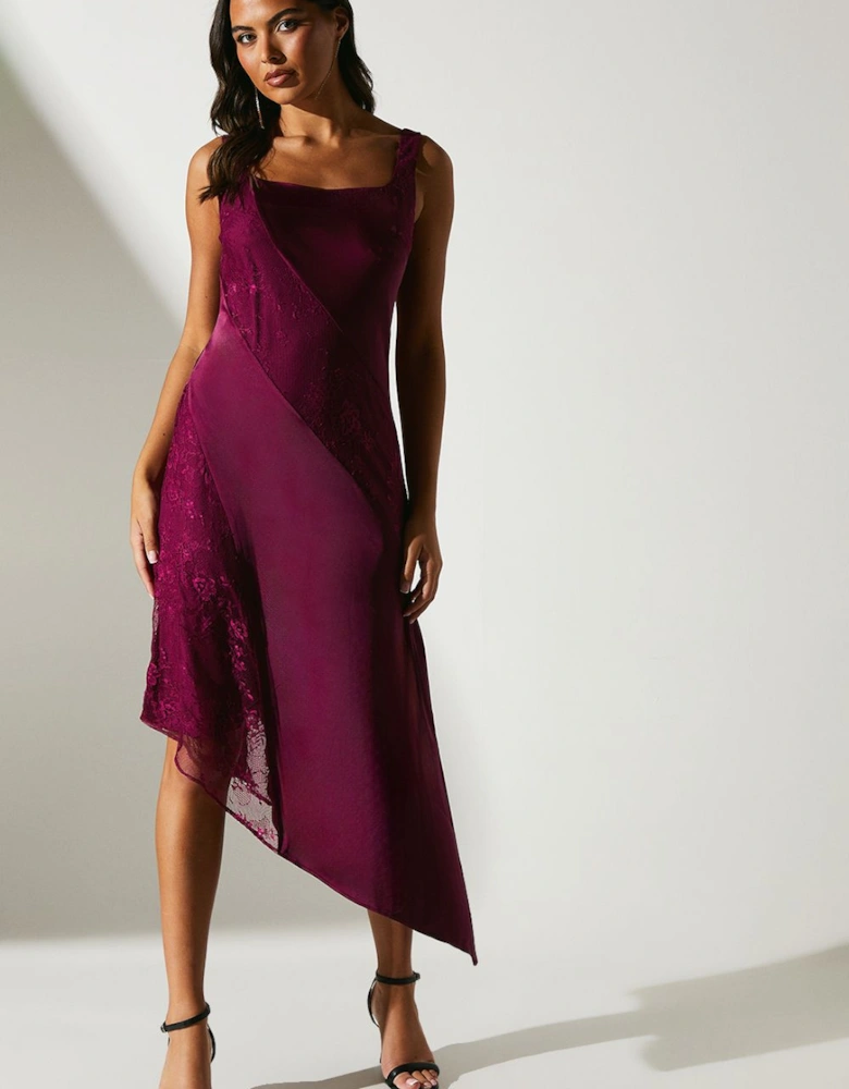 Satin Lace Mix Midi Wedding Guest Dress With Asymmetric Hem