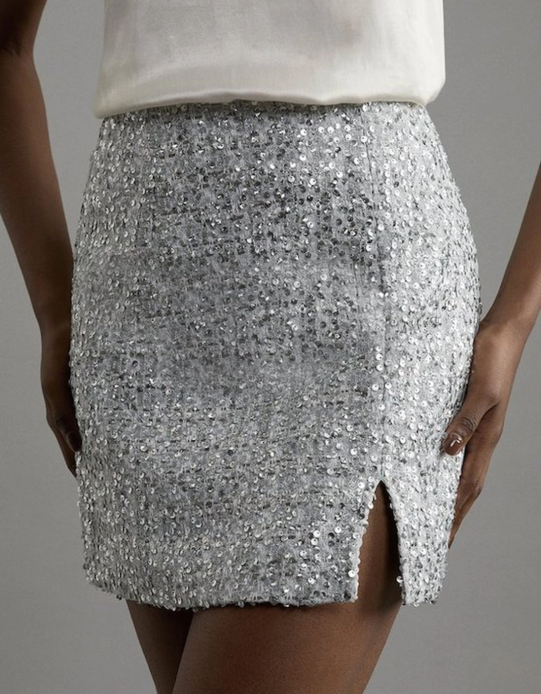 Tall Sequin Metallic Boucle Belted Tailored Mini Skirt