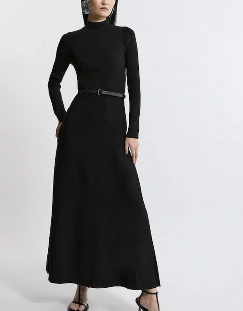 Viscose Blend Rib Knit Belted Midi Dress