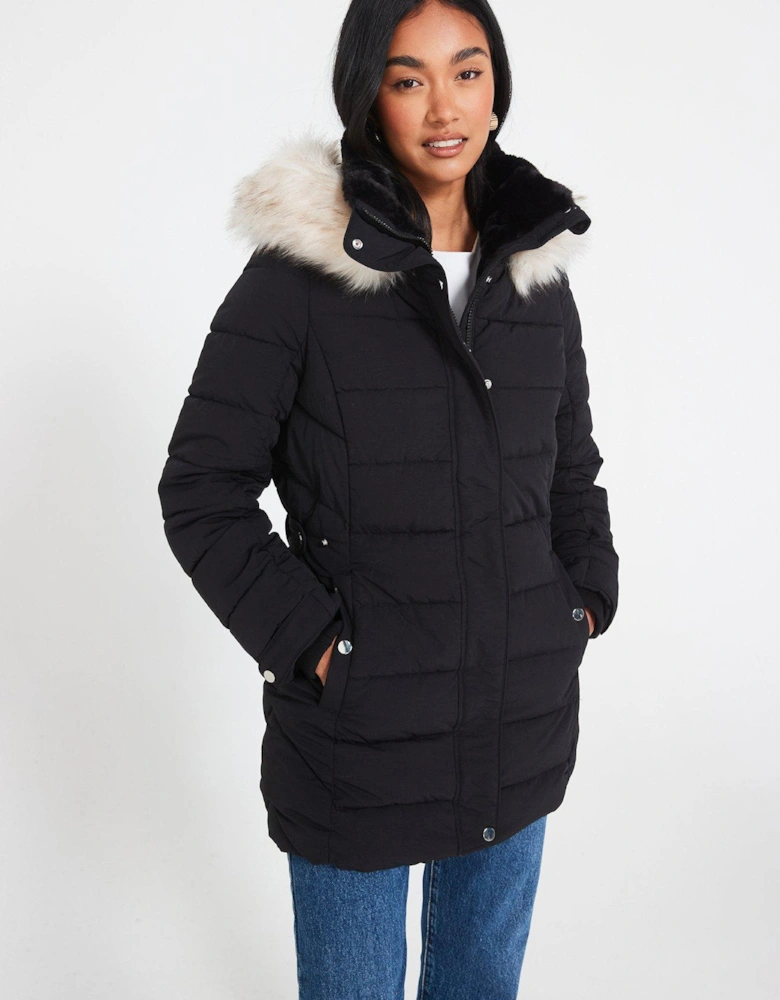 Padded Short Coat With Faux Fur Trim Hood - Black