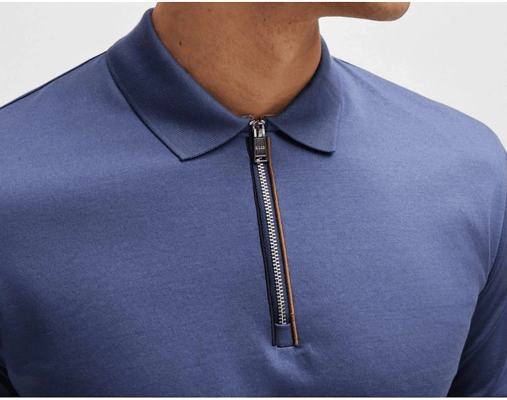 C-Polston Mercerised Cotton Quarter Zip Blue Polo Shirt