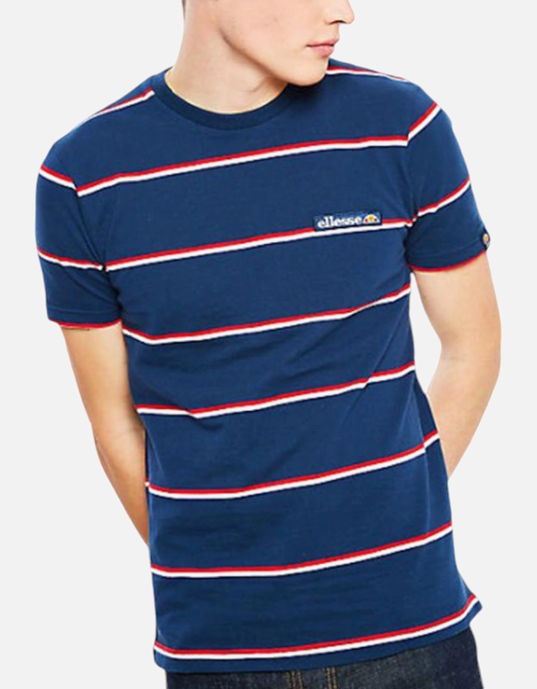 ELLESSE MEZZO SHC7596 Mens T-shirt Crew Neck Short Stripe Sleeve Navy Casual Tee, 5 of 4