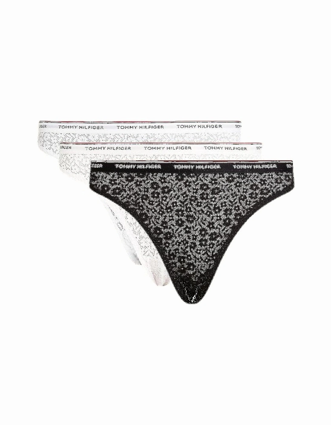 Tommy Hilfiger Women's 3-Pack Premium Essential Lace Thongs, Black/White/Light Pink - Size: 16