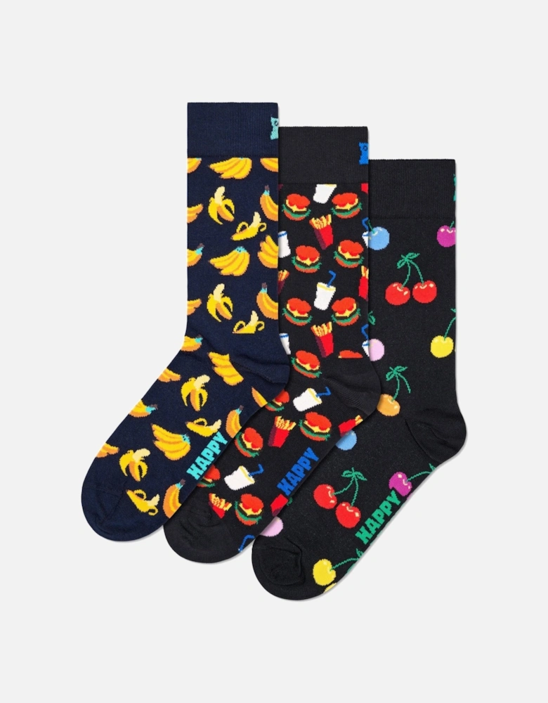 3-Pack Bananas, Cherries & Burgers Socks, Navy/Black