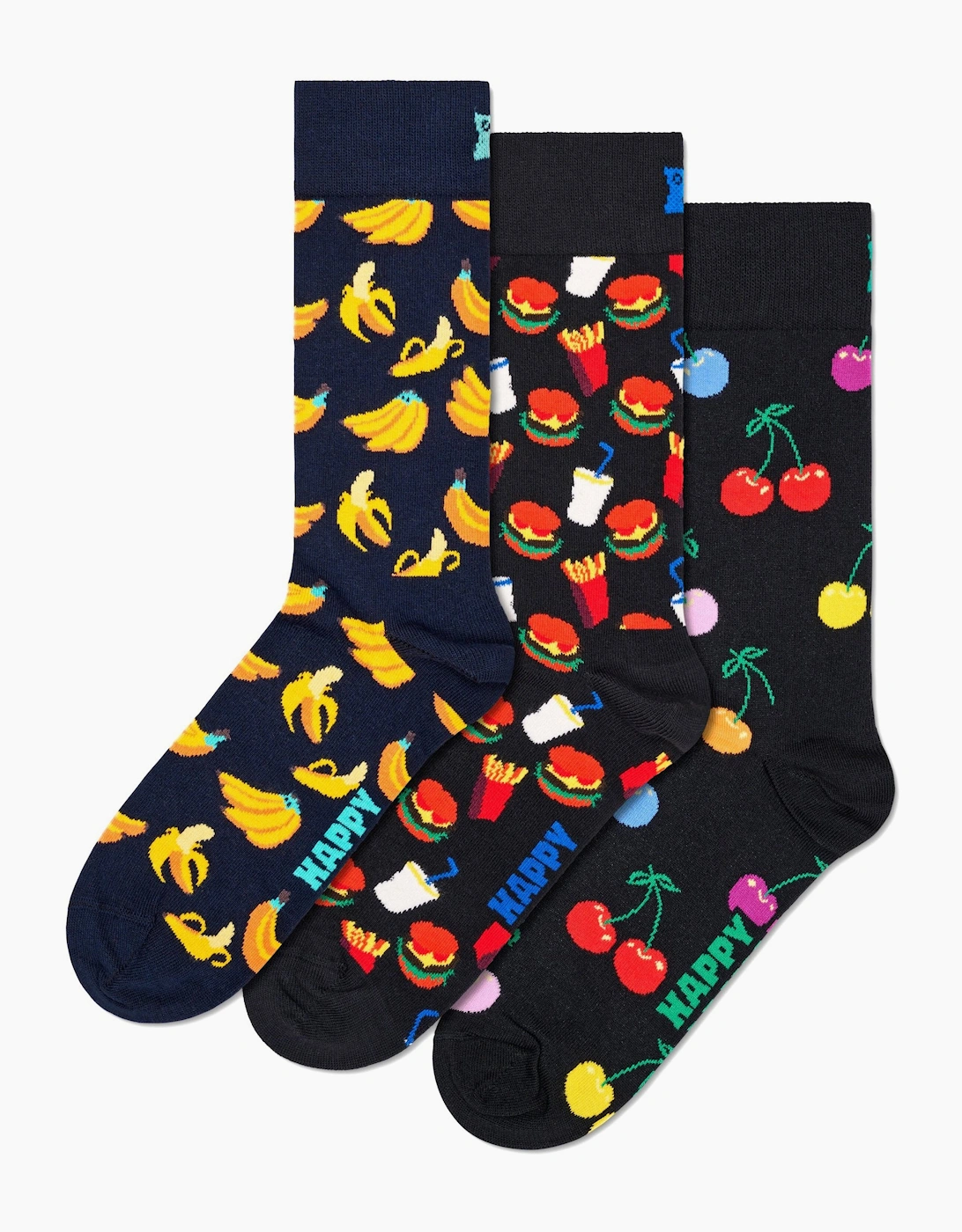 Happy Socks Women's 3-Pack Bananas, Cherries & Burgers Socks, Navy/Black