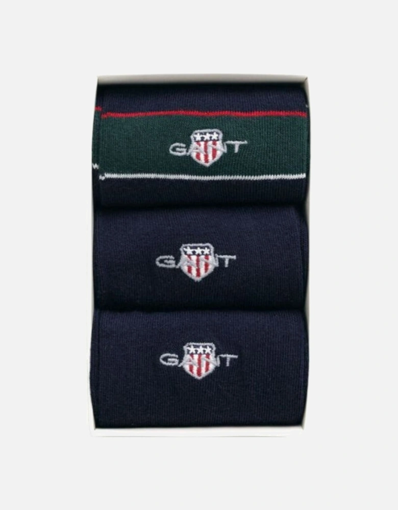 3-Pack Shield Logo Tie Stripe Socks Gift Box, Navy