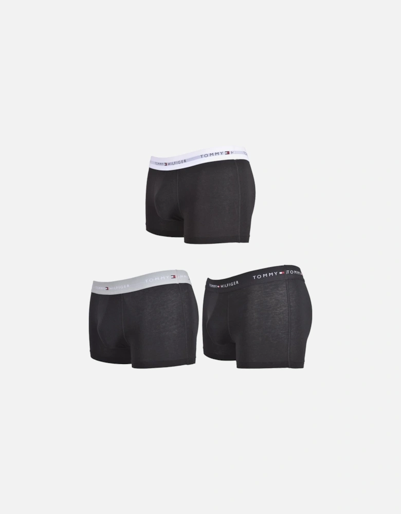 3-Pack Signature Cotton Boxer Trunks, Black with grey/white