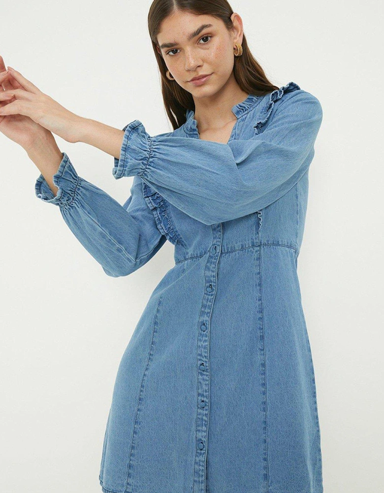 Denim Frill Mini Dress - Mid Wash