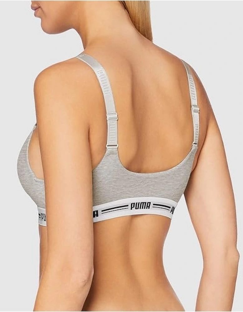 Striped Logo Padded Bra Top, Grey Melange