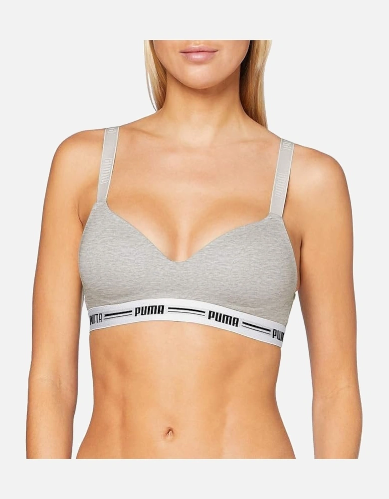 Striped Logo Padded Bra Top, Grey Melange