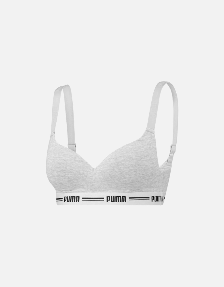 Striped Logo Padded Bra Top, Grey Melange