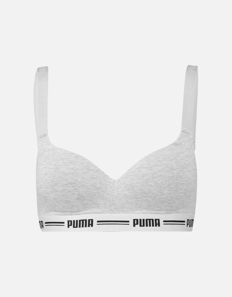 Striped Logo Padded Bra Top, Grey Melange