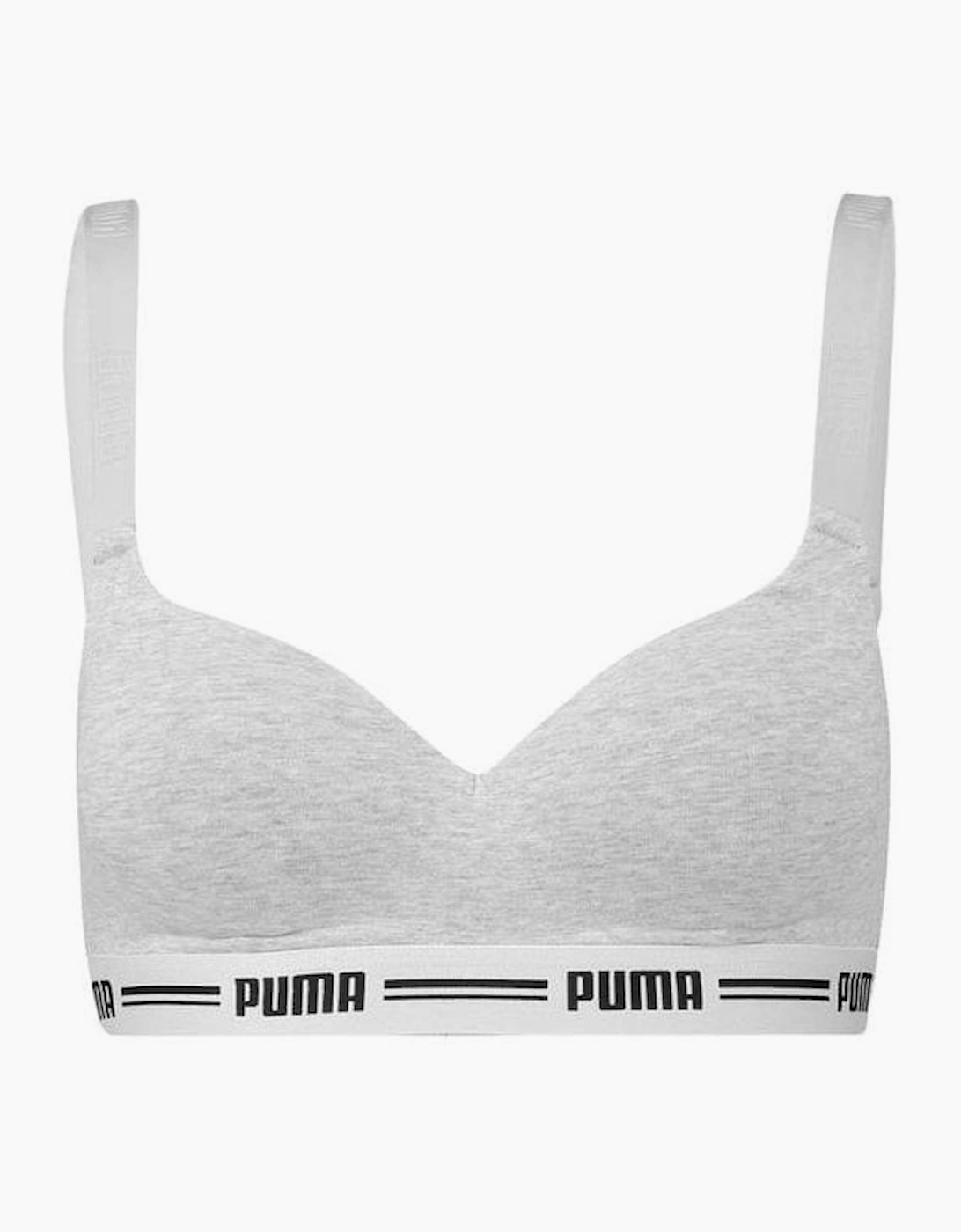 Puma Women's Striped Logo Padded Bra Top, Grey Melange - Size: XL
