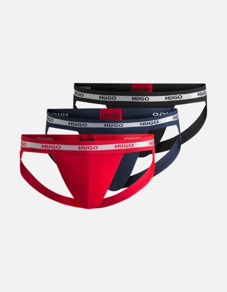 3-Pack Stripe Waistband Jockstraps, Red/Blue/Black w/ silver