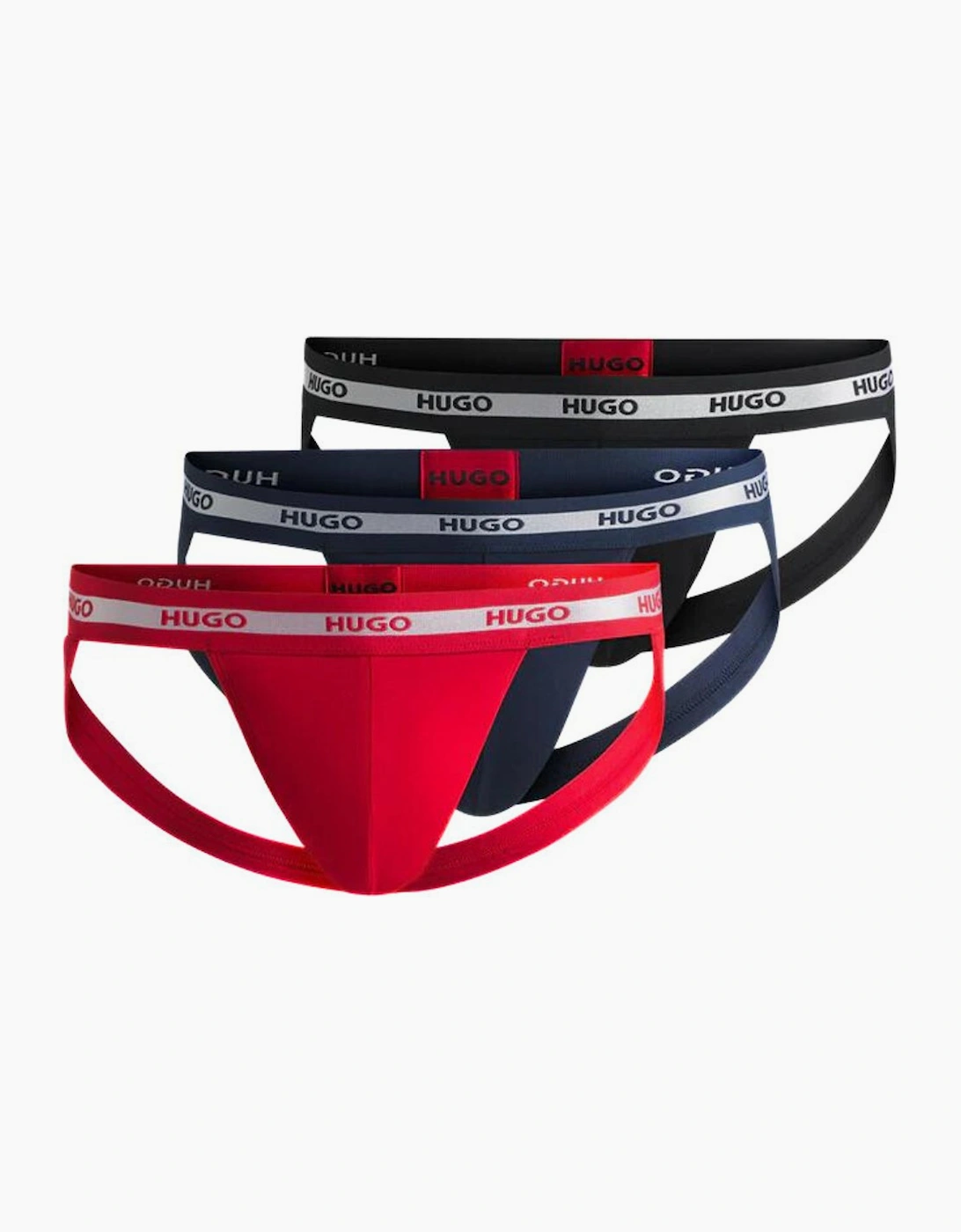 Hugo Boss Men's 3-Pack Stripe Waistband Jockstraps, Red/Blue/Black w/ silver - Size: 39/38/32