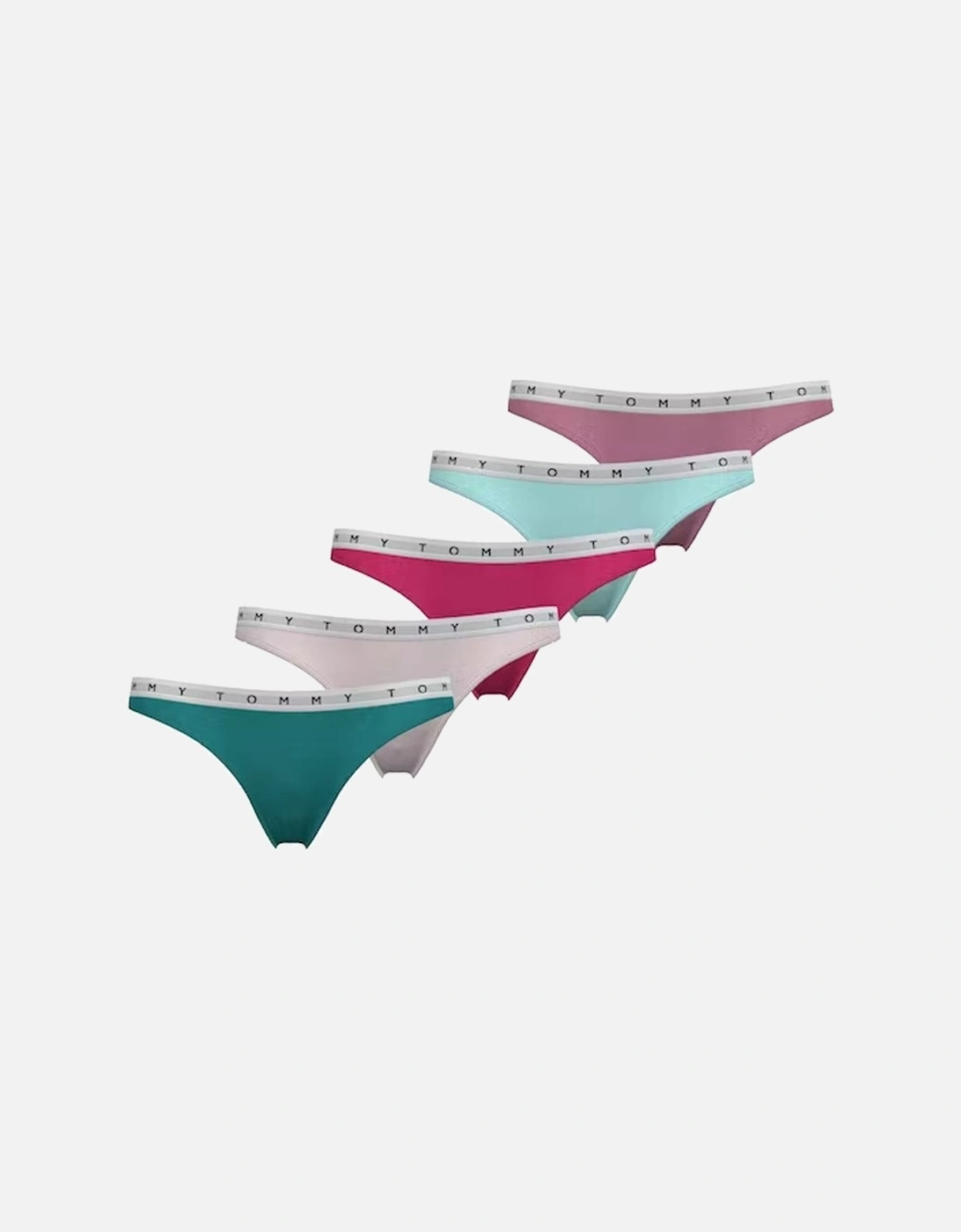 Tommy Hilfiger Women's 5-Pack Repeat Logo Waistband Thongs, Green/Pale Pink/Hot Pink/Aqua/Rose - Size: 14/14