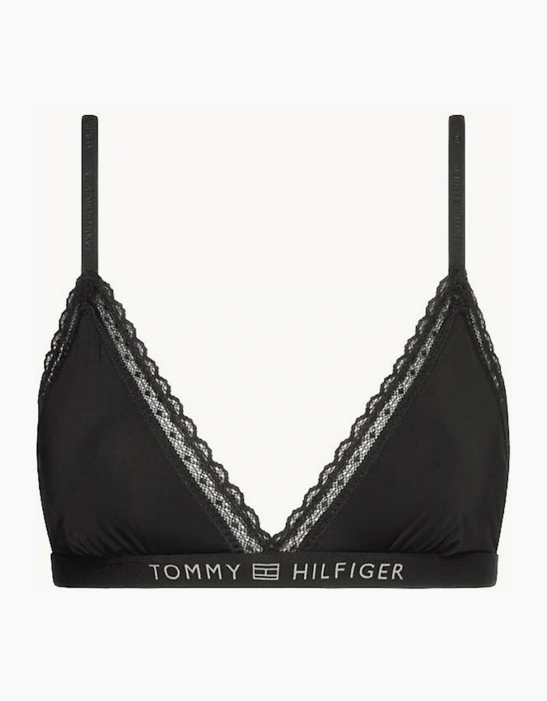 Tommy Hilfiger Women's Black Th Tonal Logo Lace Unlined Triangle Bra,  L