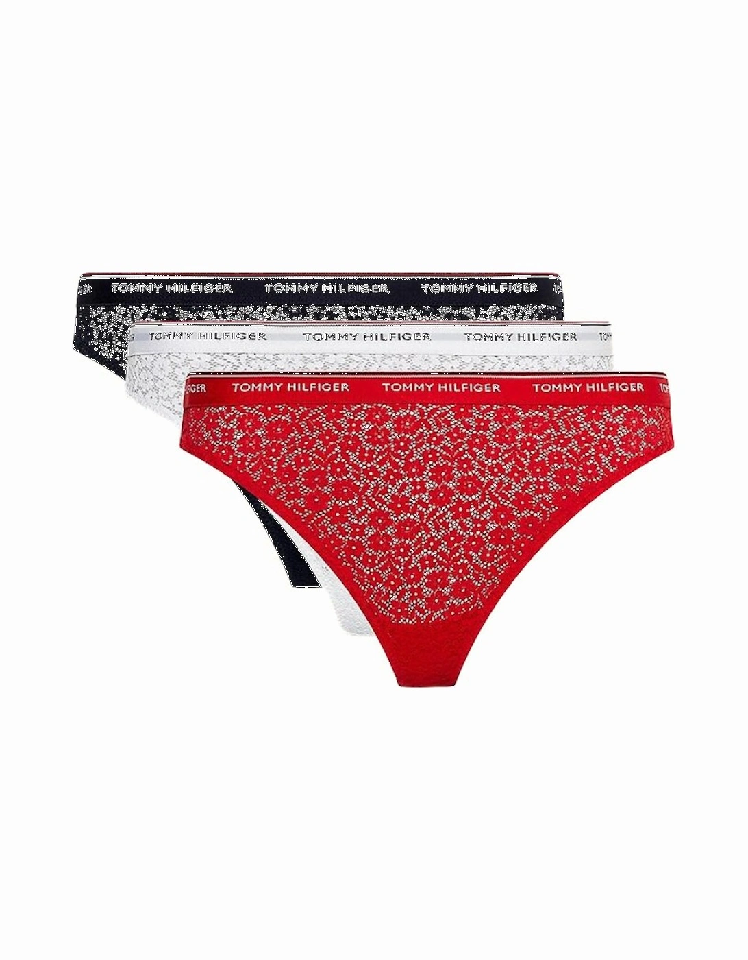 Tommy Hilfiger Women's 3-Pack Premium Essential Lace Thongs, Navy/White/Red - Size: 14