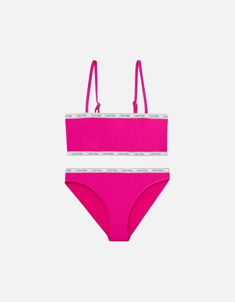 Girls Logo Tape Bralette Bikini Set, Royal Pink