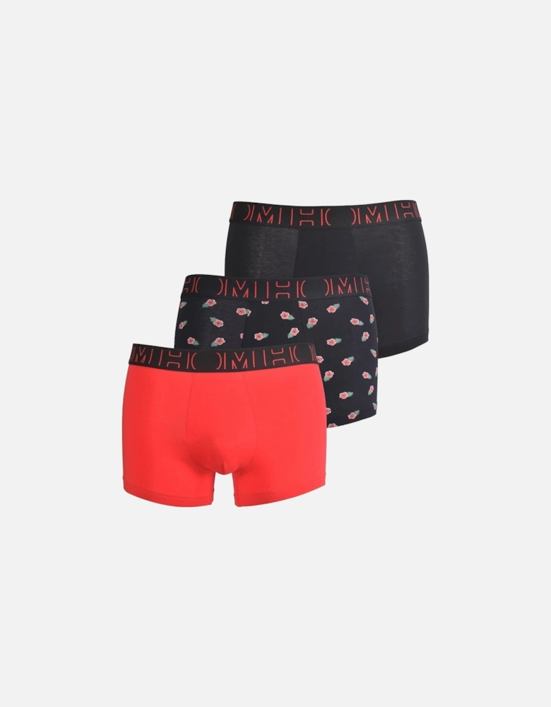 3-Pack Hibiscus Print Boxer Trunks, Black/Red