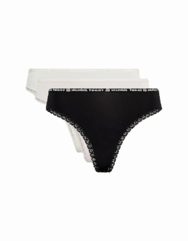 3-Pack Lace Trim Microfibre Thongs, Black/Ivory/Pink