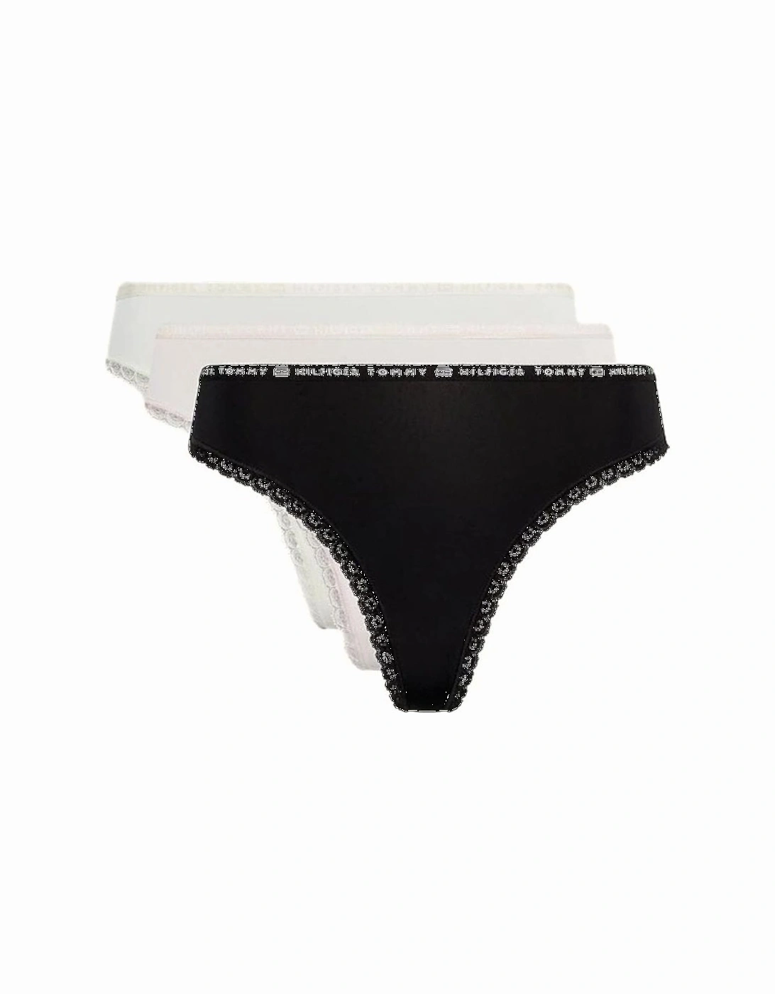 Tommy Hilfiger Women's 3-Pack Lace Trim Microfibre Thongs, Black/Ivory/Pink - Size: 12