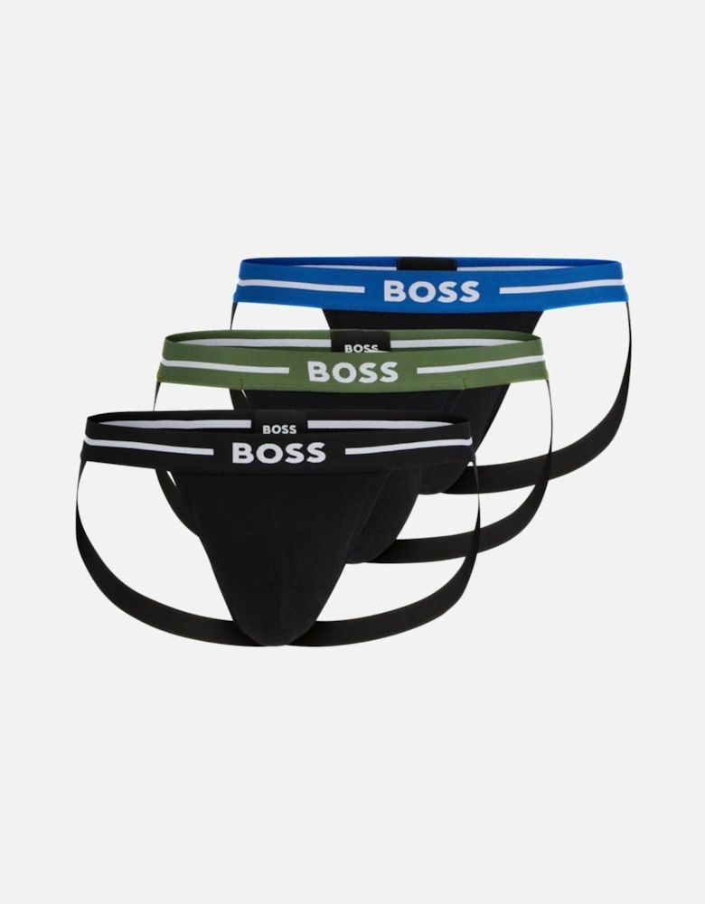 3-Pack Power Contrast Waistband Jockstraps, Black w/ blue/green