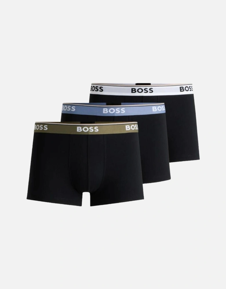 3-Pack Power Logo Boxer Trunks, Black w/ blue/khaki/white