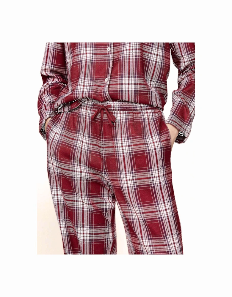 Women Plaid Check Flannel Pyjama Set, Deep Rouge