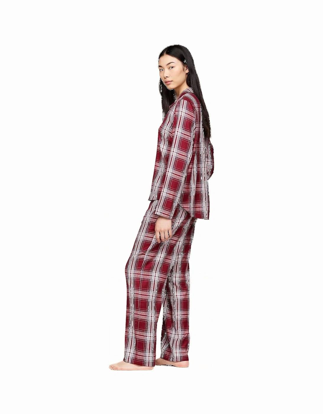 Women Plaid Check Flannel Pyjama Set, Deep Rouge