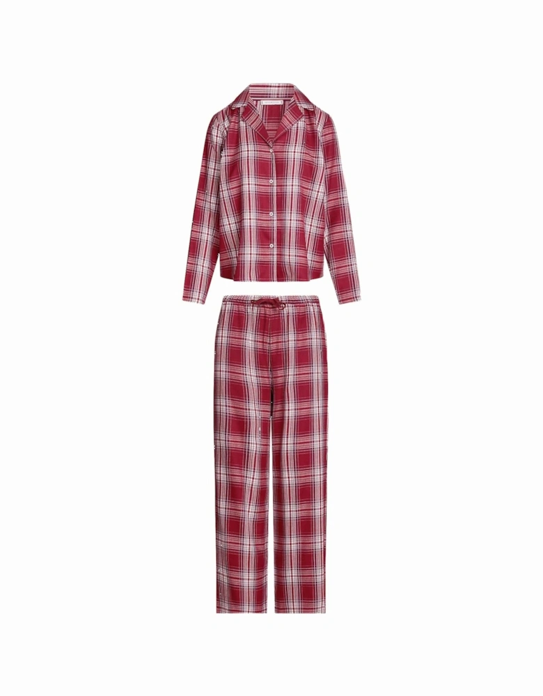 Women Plaid Check Flannel Pyjama Set, Deep Rouge