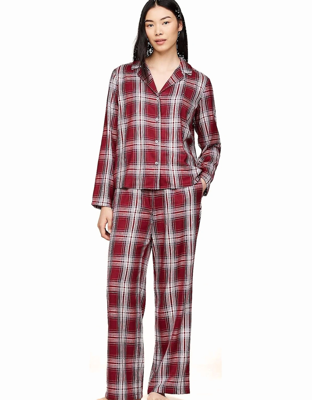 Women Plaid Check Flannel Pyjama Set, Deep Rouge