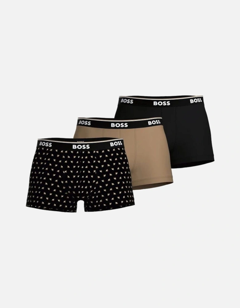 3-Pack Power Logo Geo Print Boxer Trunks, Black/beige