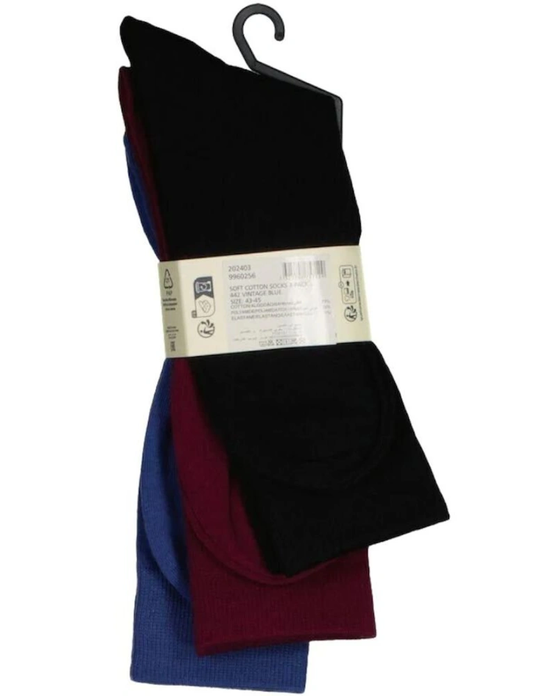 3-Pack Soft Cotton Socks, Black/Blue/Burgundy