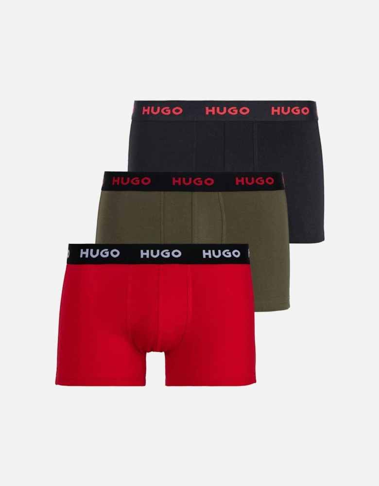 3-Pack Classic Logo Boxer Trunks, Black/Red/Khaki