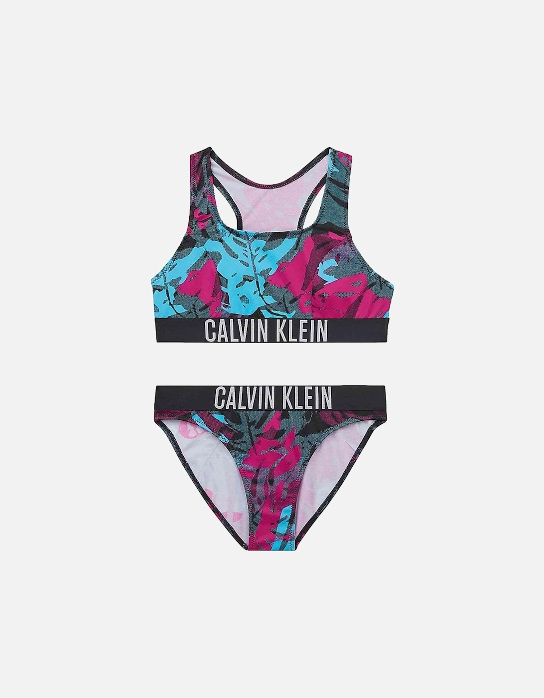 Calvin Klein Girl's Girls Intense Power Bralette Bikini Set, Jungle Leaf Black Aop - Pink - Size: 12 years/13 years/14 years